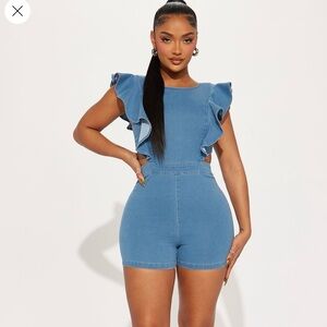 Fashion Nova Blue Denim Ruffle Jumpsuit